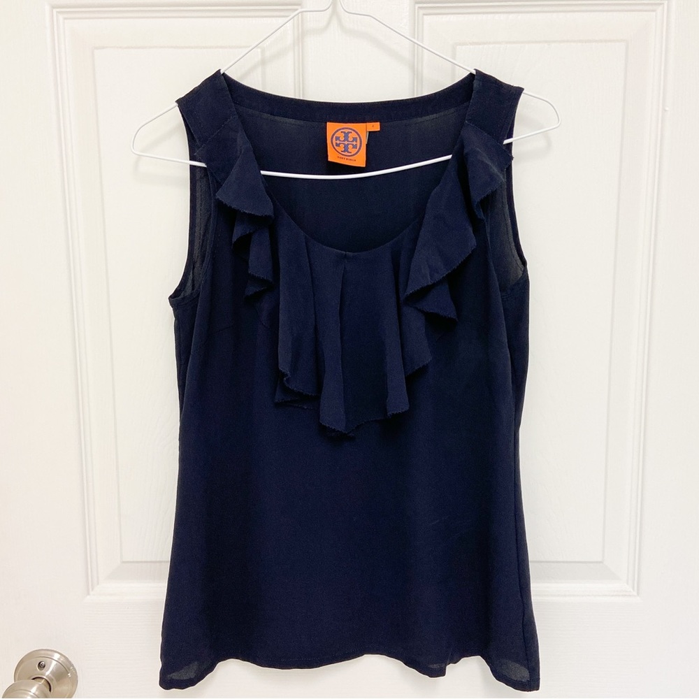 Tory Burch 100% Silk Navy Ruffle Tank Top Blouse Size 2